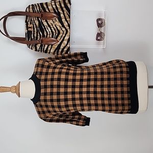 Who What Wear Camel/Black Plaid Short Sleeve Mock Neck Sweater